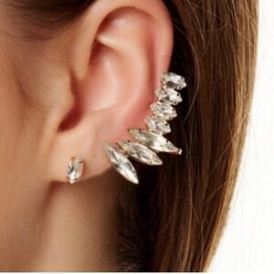 T+J Designs Marquise Crystal Ear Cuff & Stud Set Gold Tone Earrings *NEW*